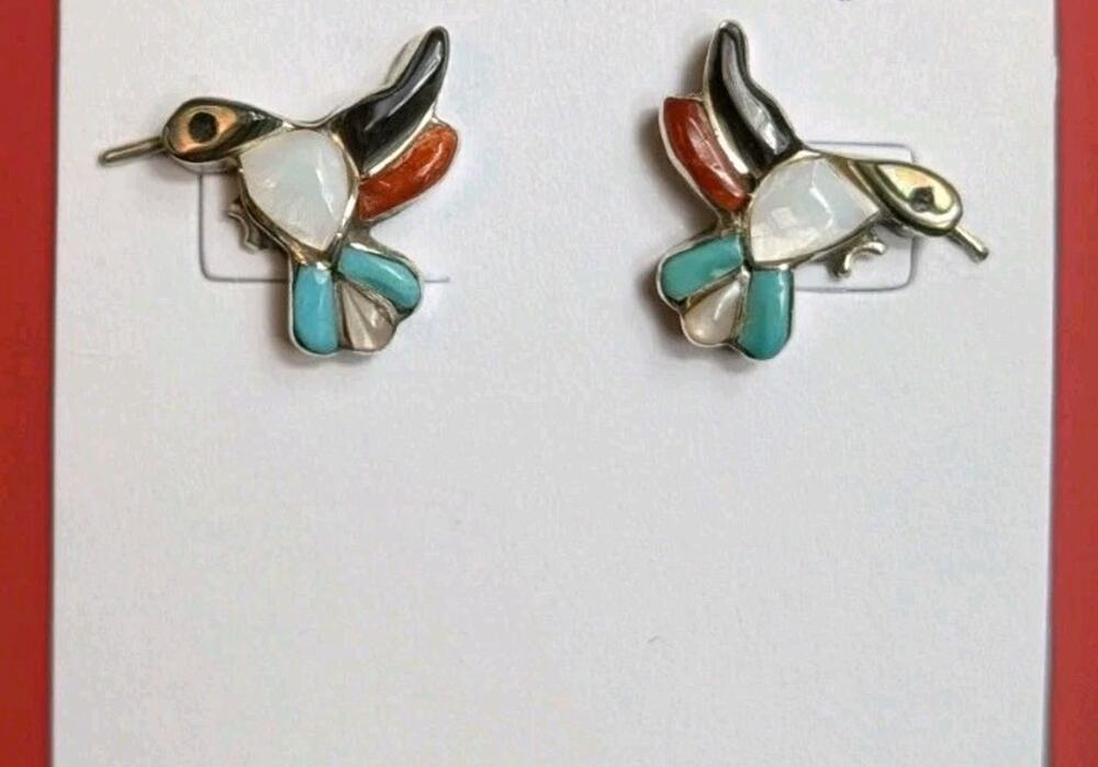 Vintage Zuni Hummingbird Multi-Stone Earrings Silver With Inlay